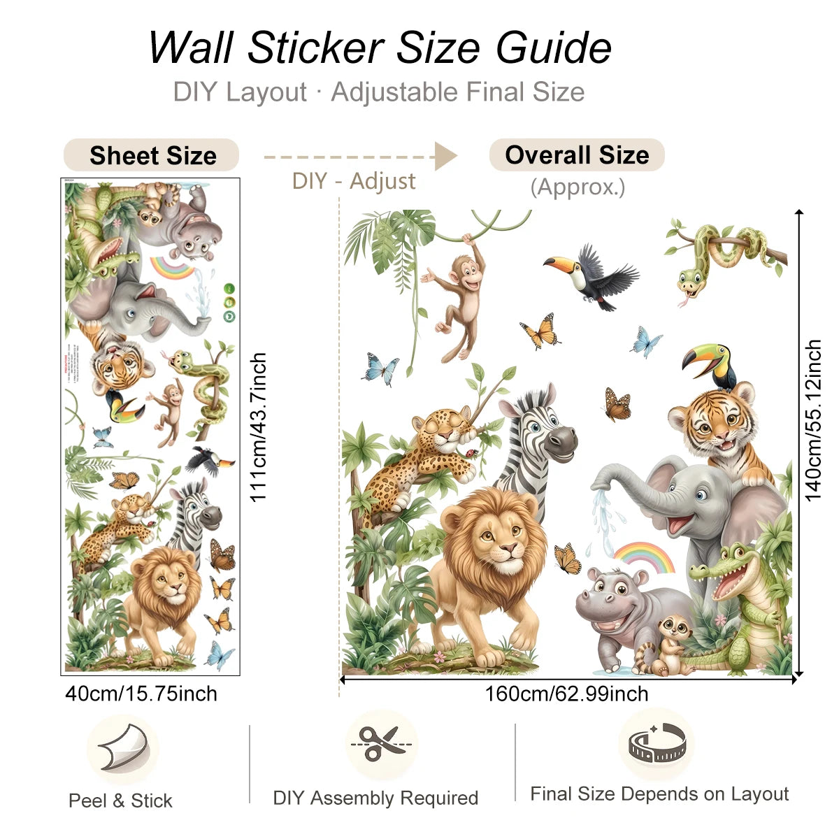 Safari Jungle Animal Wall Decals – Lion, Elephant & Tiger Nursery Stickers
