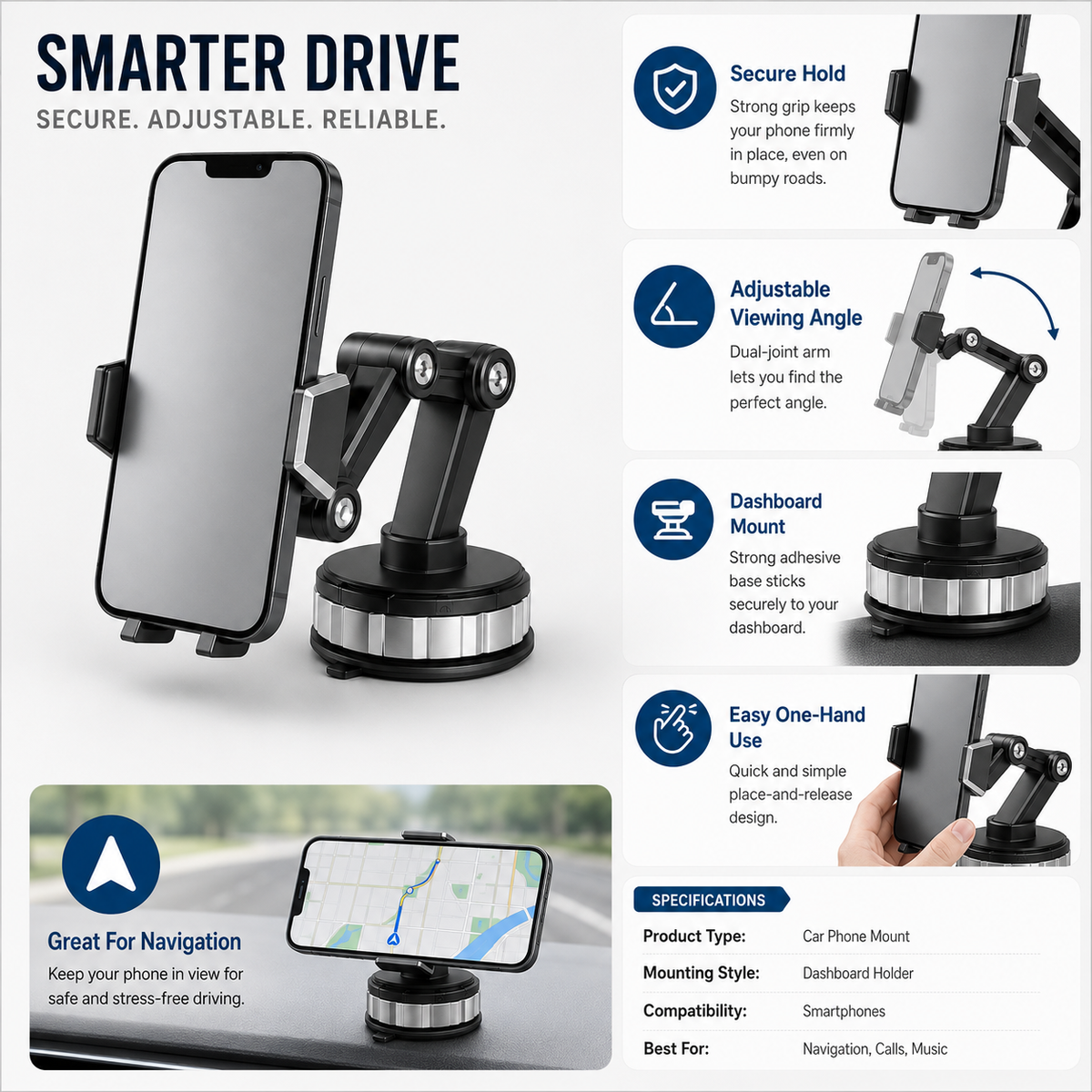 Car Phone Mount Adjustable Holder Dashboard Air Vent Clip