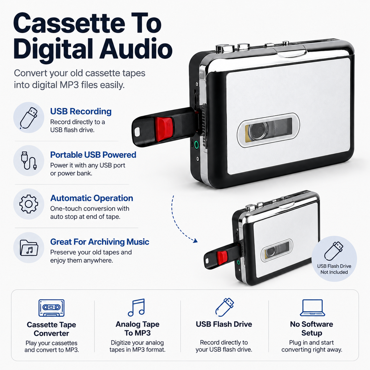 Cassette Tape Converter USB Player Automatic Portable