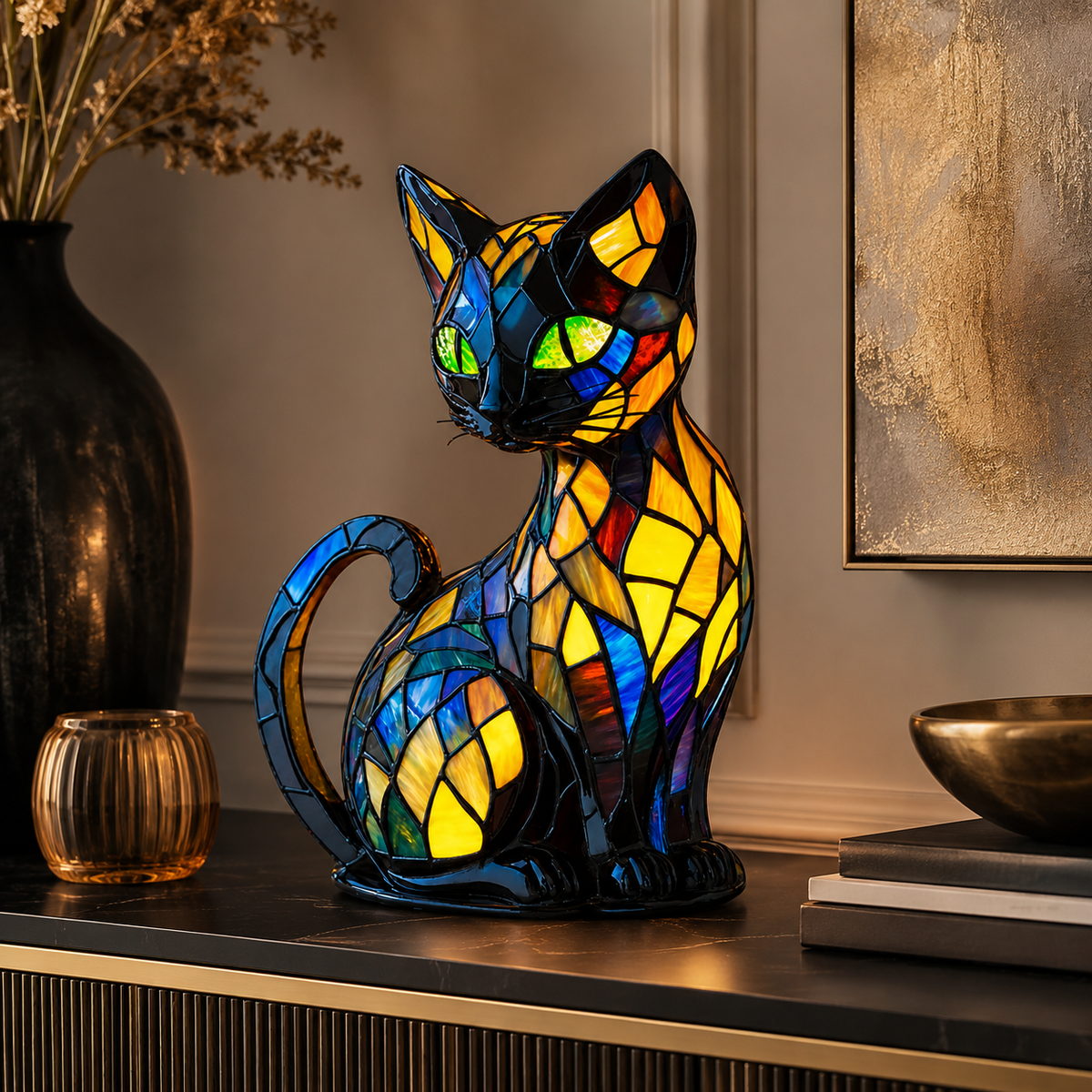 Cat Night Light Stained Glass Lamp Unique Curve Base