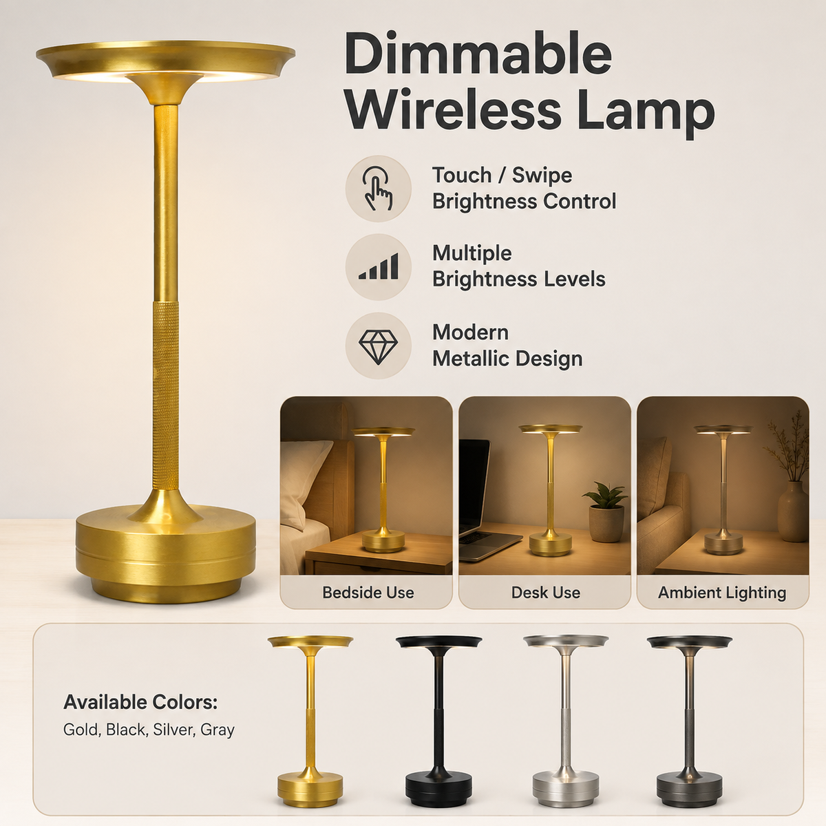 Cordless Dimmable Metal Table Lamp