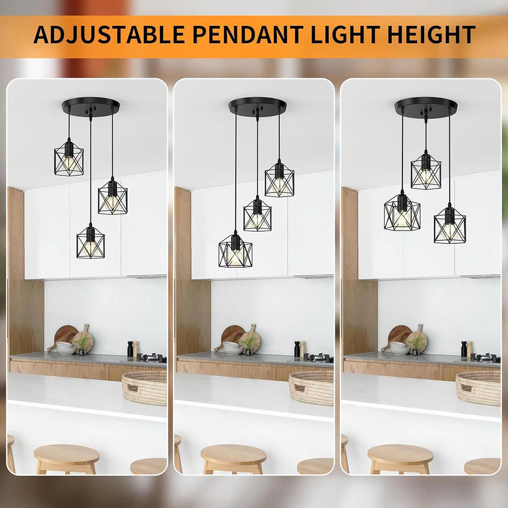 Industrial 3-Light Black Metal Cage Pendant Light – Kitchen & Dining Chandelier