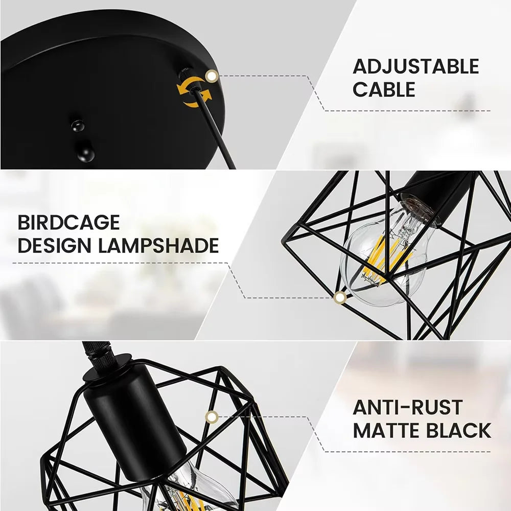 Industrial 3-Light Black Metal Cage Pendant Light – Kitchen & Dining Chandelier