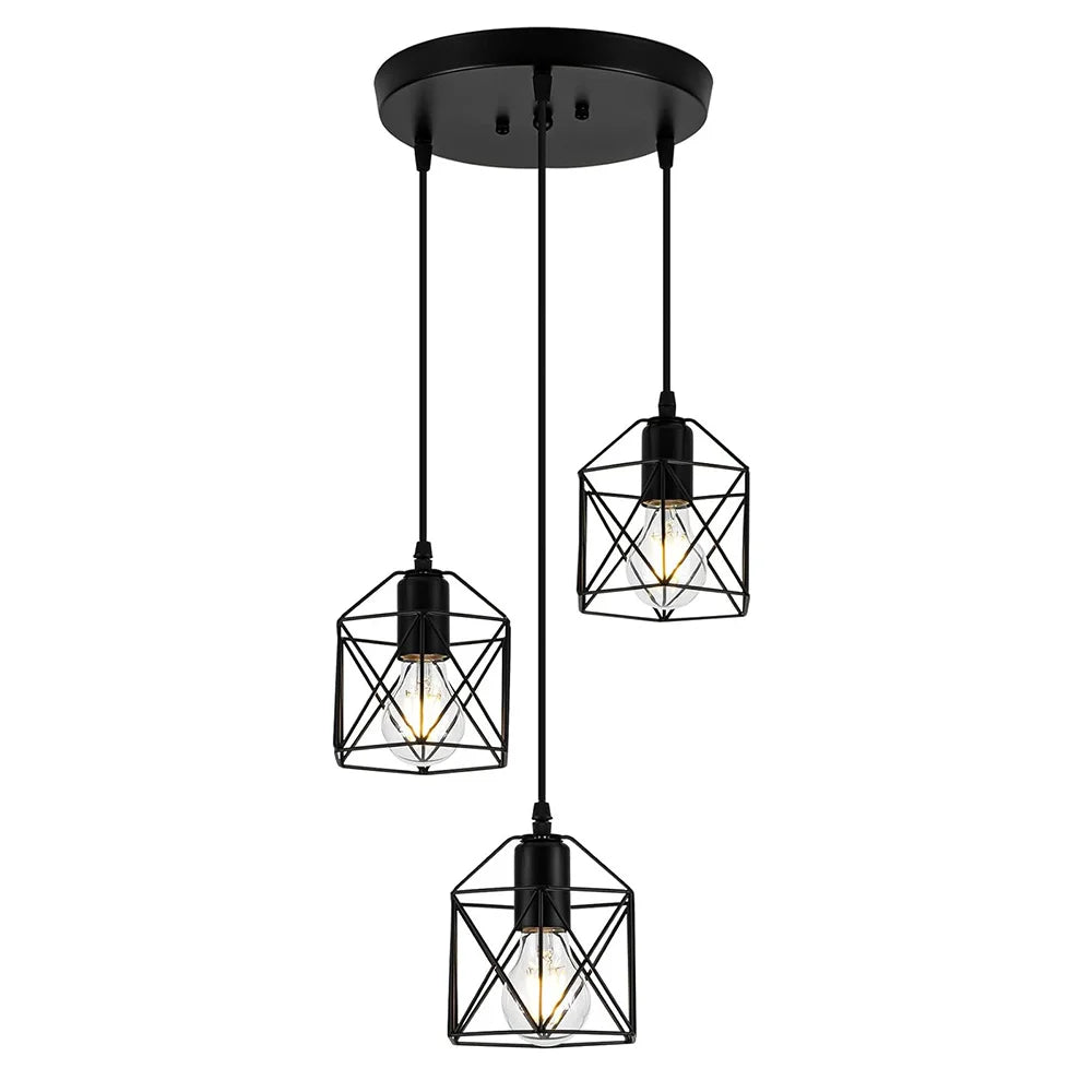 Industrial 3-Light Black Metal Cage Pendant Light – Kitchen & Dining Chandelier