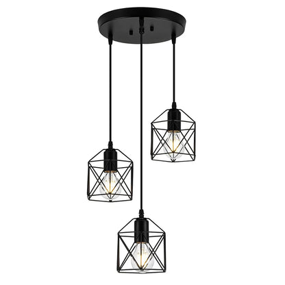 Industrial 3-Light Black Metal Cage Pendant Light – Kitchen & Dining Chandelier