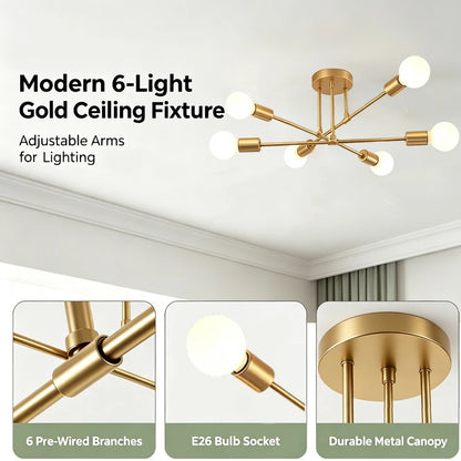 Modern 6-Light Sputnik Chandelier – Black or Gold Ceiling Light