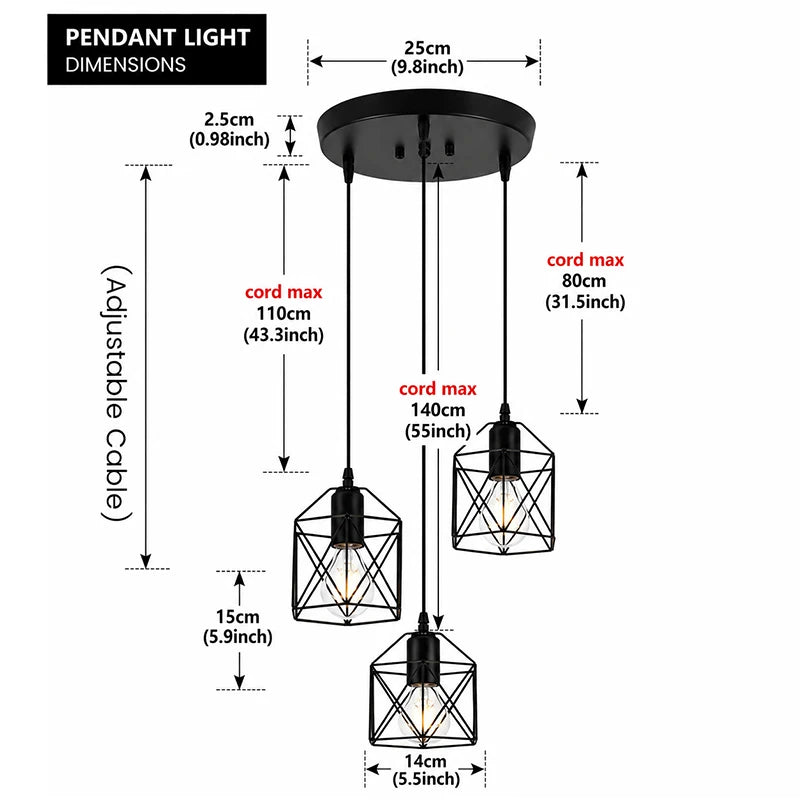 Industrial 3-Light Black Metal Cage Pendant Light – Kitchen & Dining Chandelier
