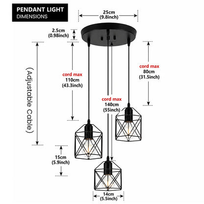 Industrial 3-Light Black Metal Cage Pendant Light – Kitchen & Dining Chandelier