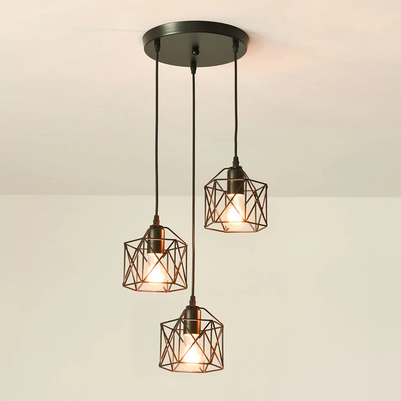 Industrial 3-Light Black Metal Cage Pendant Light – Kitchen & Dining Chandelier