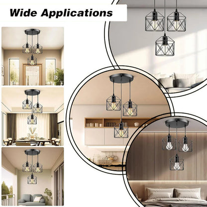 Industrial 3-Light Black Metal Cage Pendant Light – Kitchen & Dining Chandelier