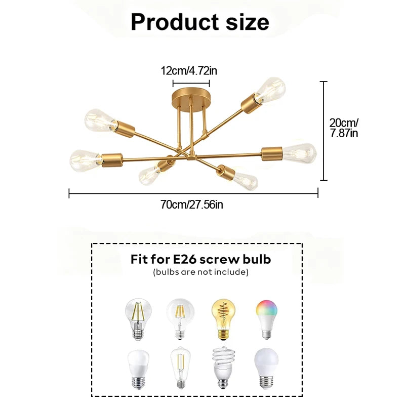 Modern 6-Light Sputnik Chandelier – Black or Gold Ceiling Light
