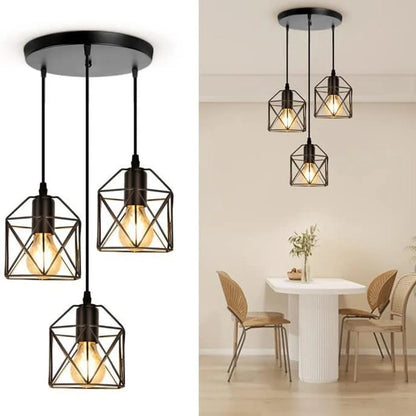 Industrial 3-Light Black Metal Cage Pendant Light – Kitchen & Dining Chandelier