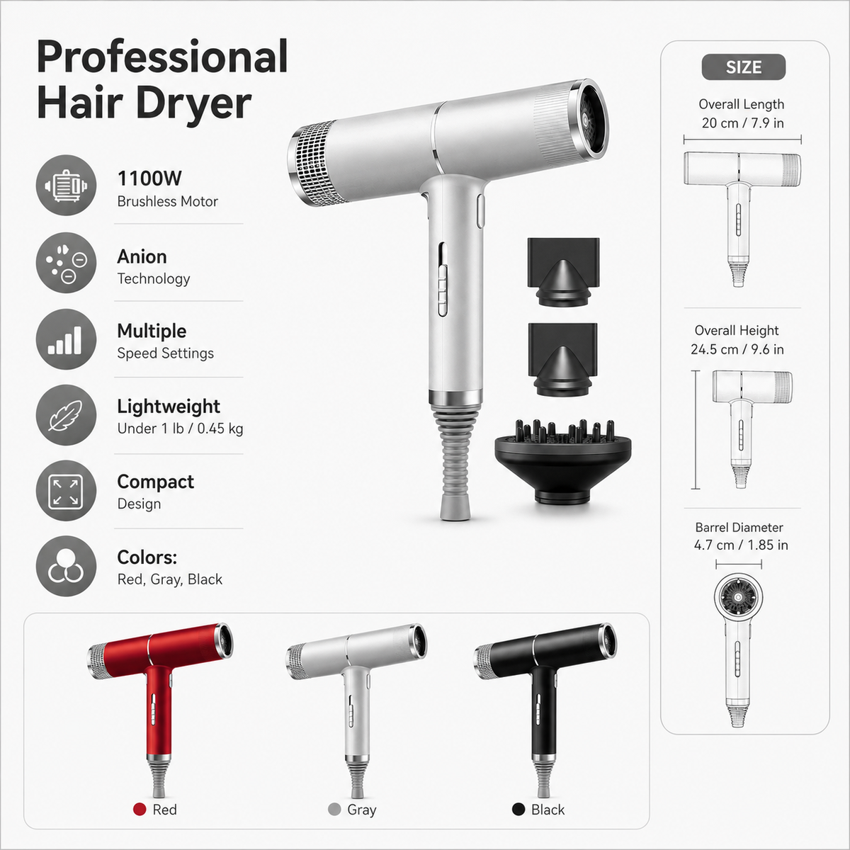 Professional Hair Dryer Lightweight High Speed Compact