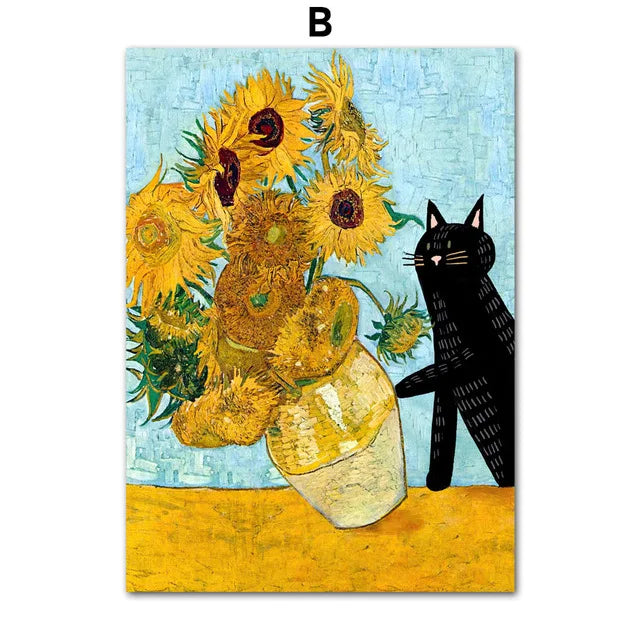 Black Cat & Sunflower Canvas Wall Art Prints – Unframed