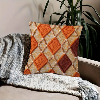 Orange Tufted Geometric Throw Pillow Cover – Boho Diamond Cushion Case