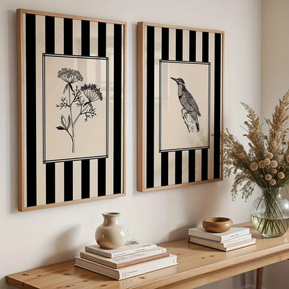 Minimalist Black Bird & Floral Wall Art – Set of 2 Unframed Canvas Prints