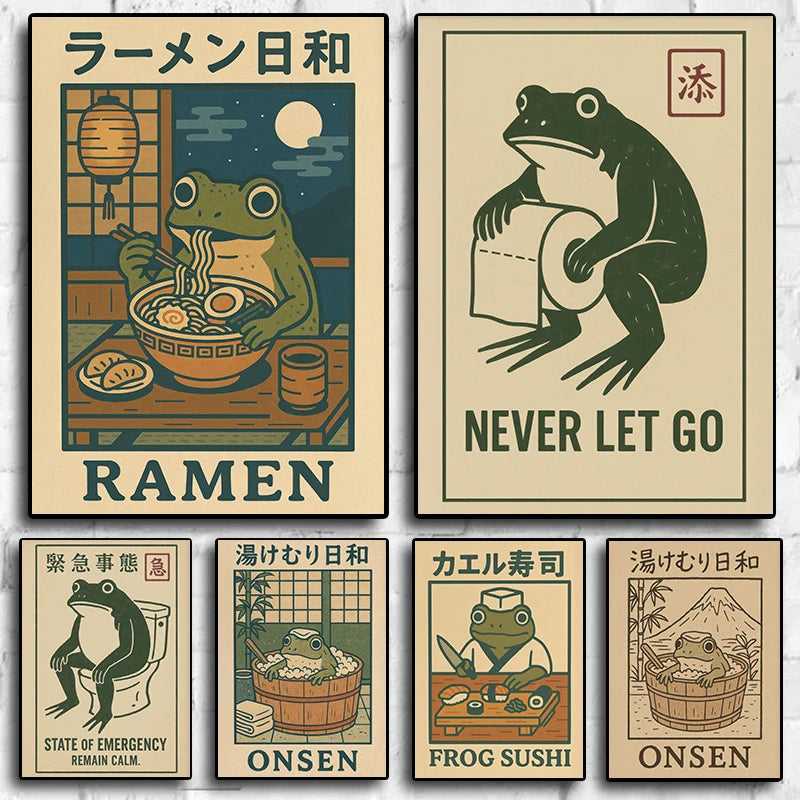 Funny Frog Bathroom Wall Art – Vintage Japanese-Style Bathtub Canvas Print