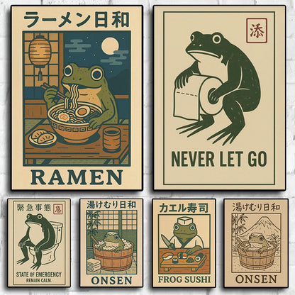 Funny Frog Bathroom Wall Art – Vintage Japanese-Style Bathtub Canvas Print