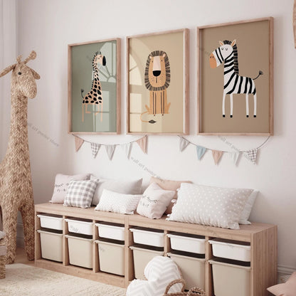 Safari Nursery Wall Art – Set of 3 Jungle Animal Prints, Unframed