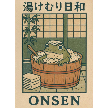 Funny Frog Bathroom Wall Art – Vintage Japanese-Style Bathtub Canvas Print