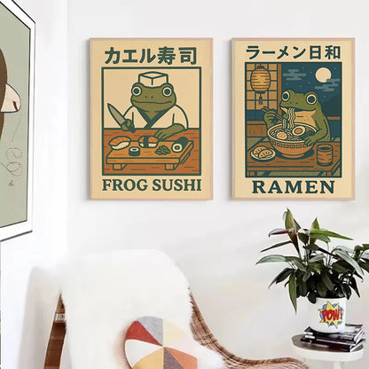 Funny Frog Bathroom Wall Art – Vintage Japanese-Style Bathtub Canvas Print