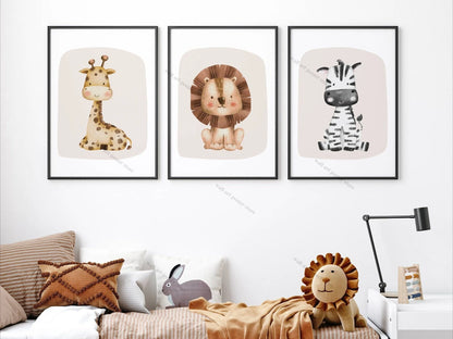 Safari Nursery Wall Art – Set of 3 Jungle Animal Prints, Unframed