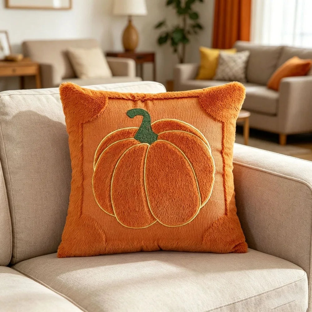 Pumpkin Embroidered Throw Pillow Cover – 18x18 Fall Cushion Cover