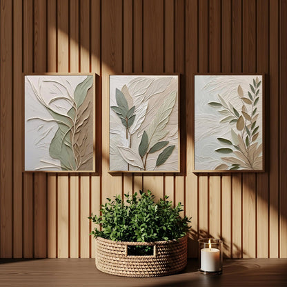 Neutral Textured Leaf Wall Art – Set of 3 Unframed Botanical Prints