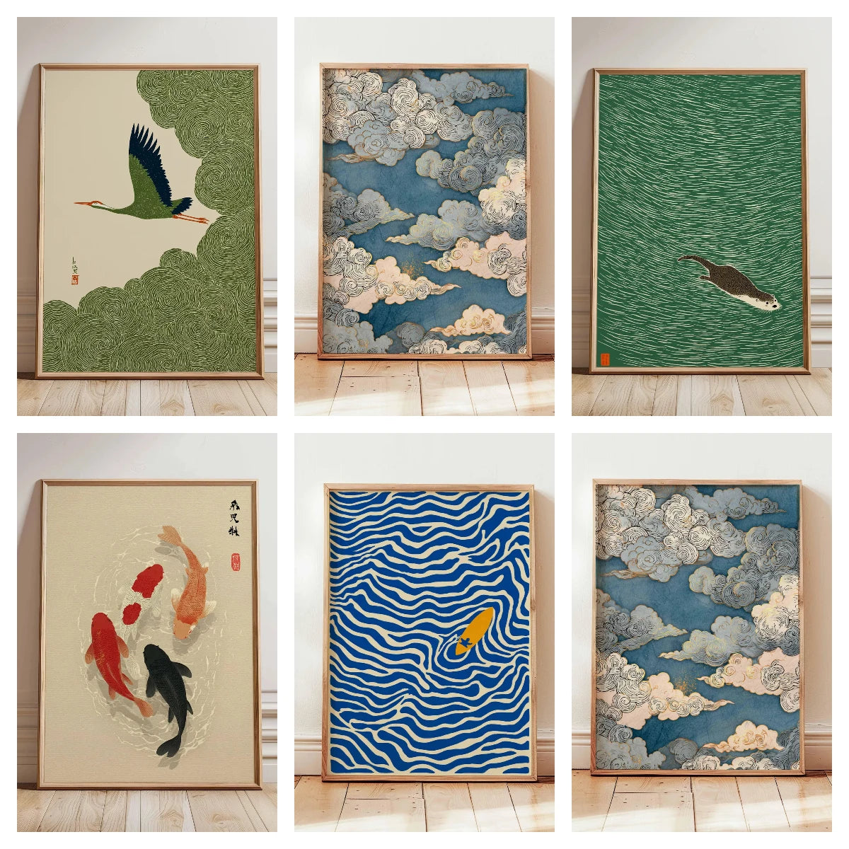 Japanese Crane & Cloud Canvas Wall Art – Vintage-Style Unframed Print