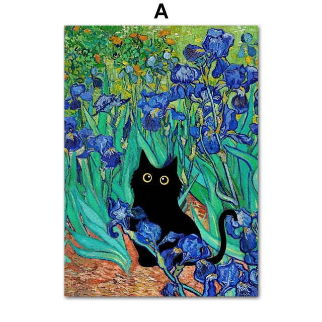 Black Cat & Sunflower Canvas Wall Art Prints – Unframed