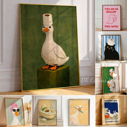 Funny Duck Toilet Paper Bathroom Wall Art – Humorous Canvas Print