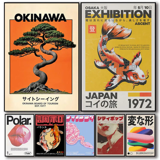 Japanese Okinawa Koi Fish Canvas Wall Art – Japandi Vintage Travel Print