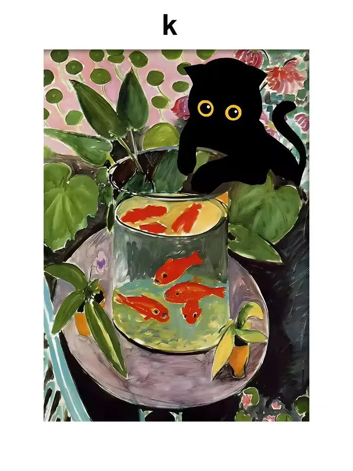Black Cat & Sunflower Canvas Wall Art Prints – Unframed