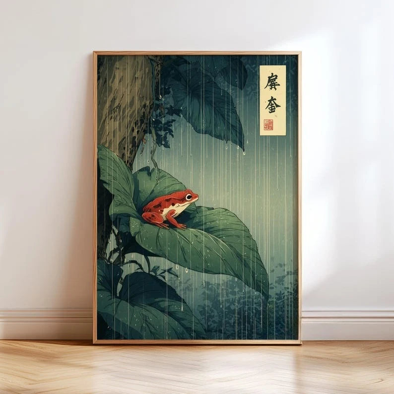 Japanese Red Frog Canvas Wall Art Print – Vintage Rainforest Poster, Unframed