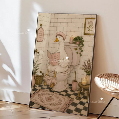 Funny Duck Toilet Paper Bathroom Wall Art – Humorous Canvas Print