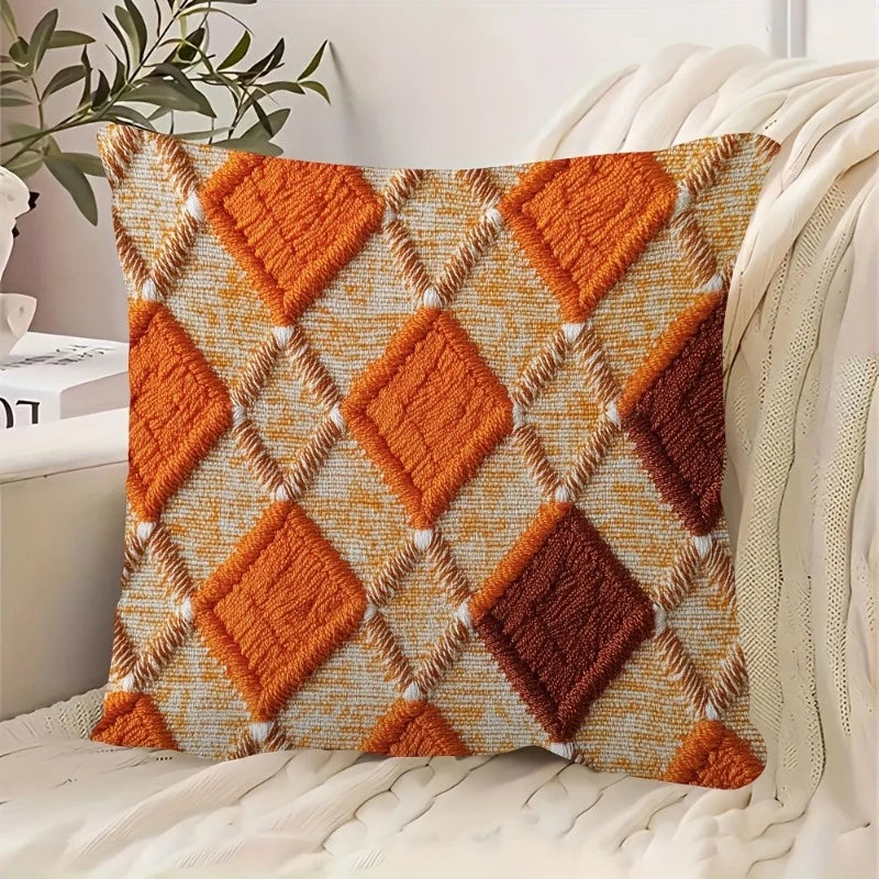 Orange Tufted Geometric Throw Pillow Cover – Boho Diamond Cushion Case