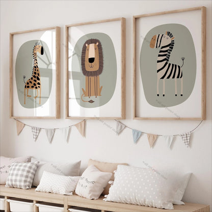 Safari Nursery Wall Art – Set of 3 Jungle Animal Prints, Unframed
