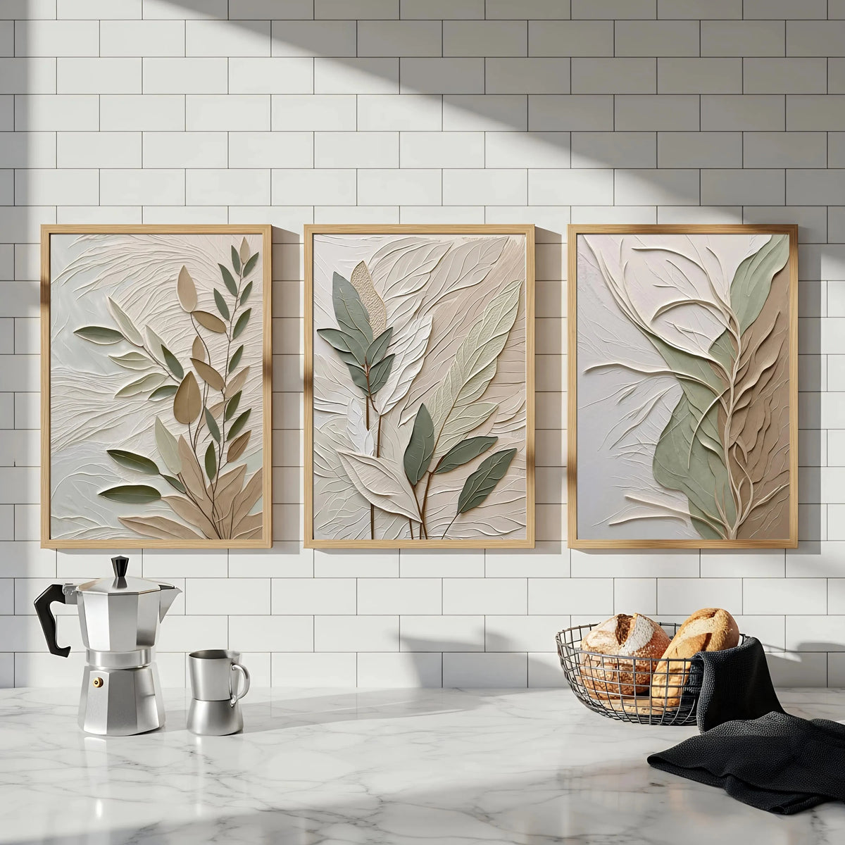 Neutral Textured Leaf Wall Art – Set of 3 Unframed Botanical Prints