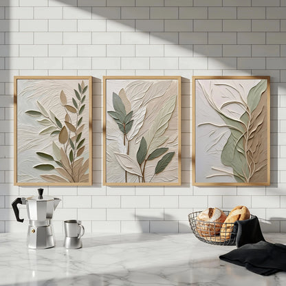 Neutral Textured Leaf Wall Art – Set of 3 Unframed Botanical Prints