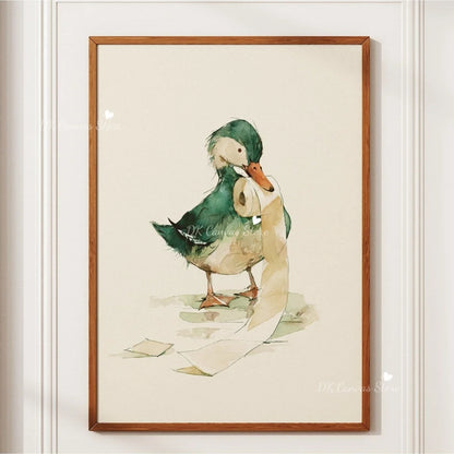 Funny Duck Toilet Paper Bathroom Wall Art – Humorous Canvas Print