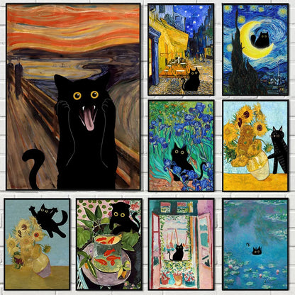 Black Cat & Sunflower Canvas Wall Art Prints – Unframed