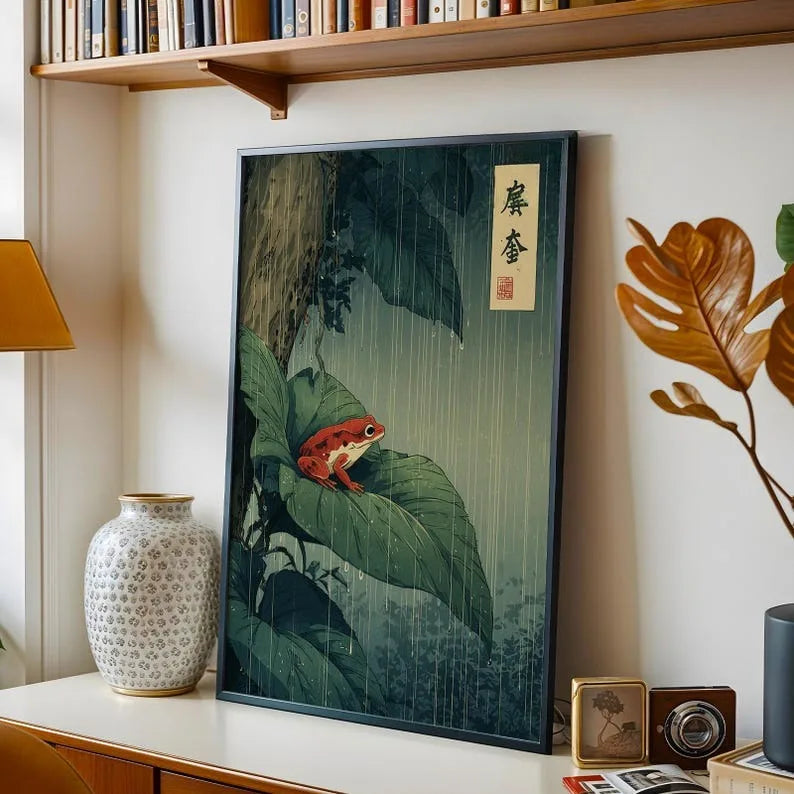 Japanese Red Frog Canvas Wall Art Print – Vintage Rainforest Poster, Unframed