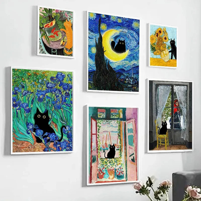 Black Cat & Sunflower Canvas Wall Art Prints – Unframed
