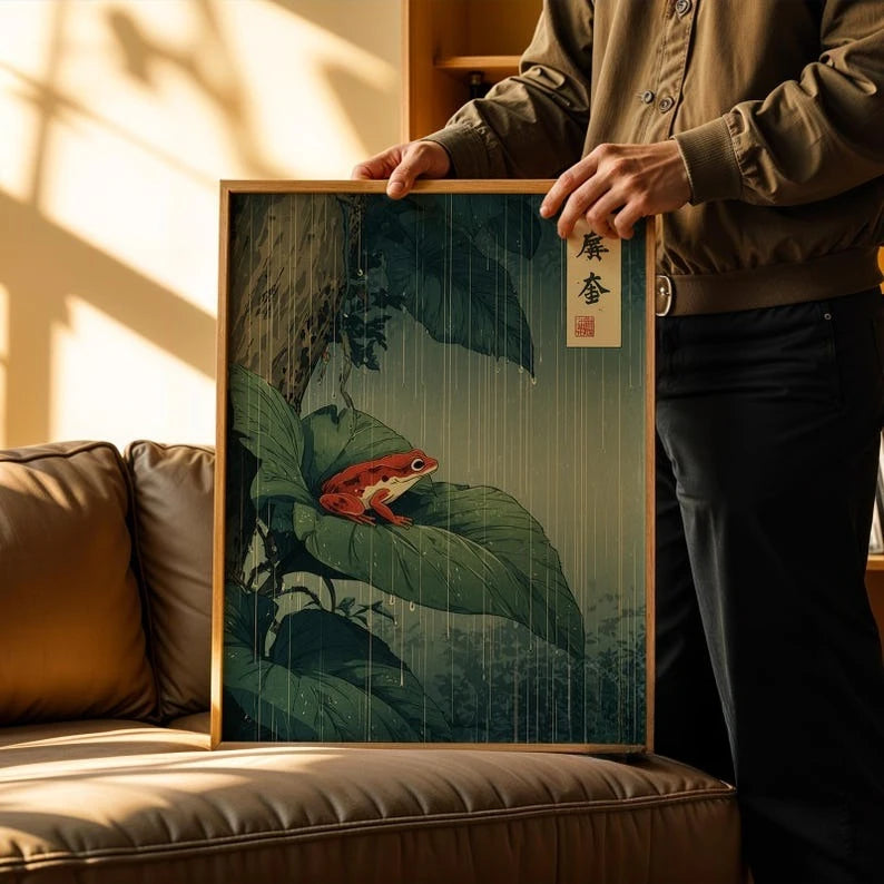 Japanese Red Frog Canvas Wall Art Print – Vintage Rainforest Poster, Unframed