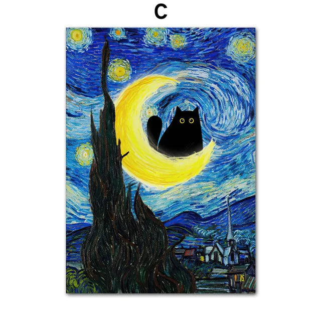 Black Cat & Sunflower Canvas Wall Art Prints – Unframed