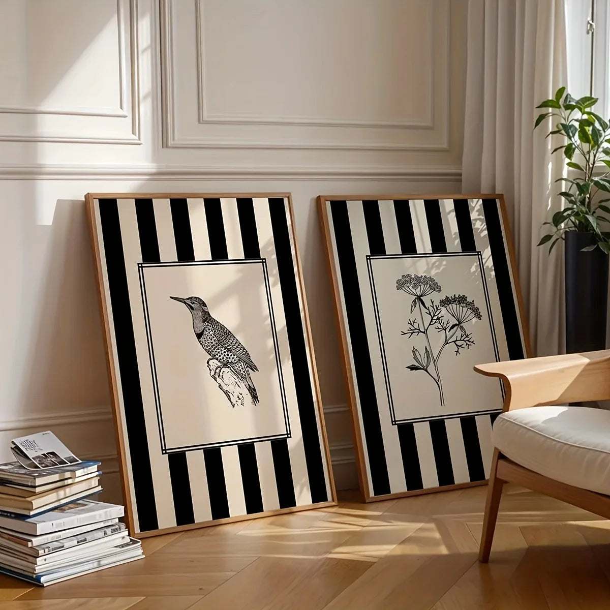 Minimalist Black Bird & Floral Wall Art – Set of 2 Unframed Canvas Prints
