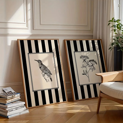 Minimalist Black Bird & Floral Wall Art – Set of 2 Unframed Canvas Prints