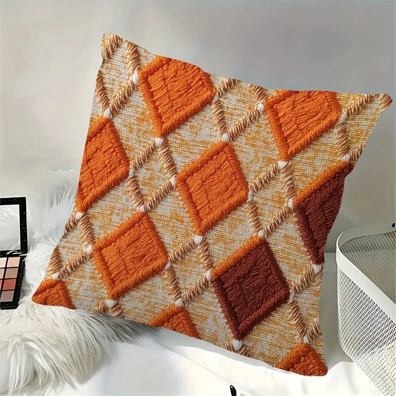 Orange Tufted Geometric Throw Pillow Cover – Boho Diamond Cushion Case
