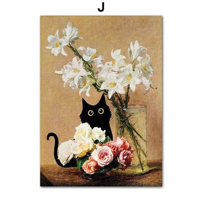 Black Cat & Sunflower Canvas Wall Art Prints – Unframed