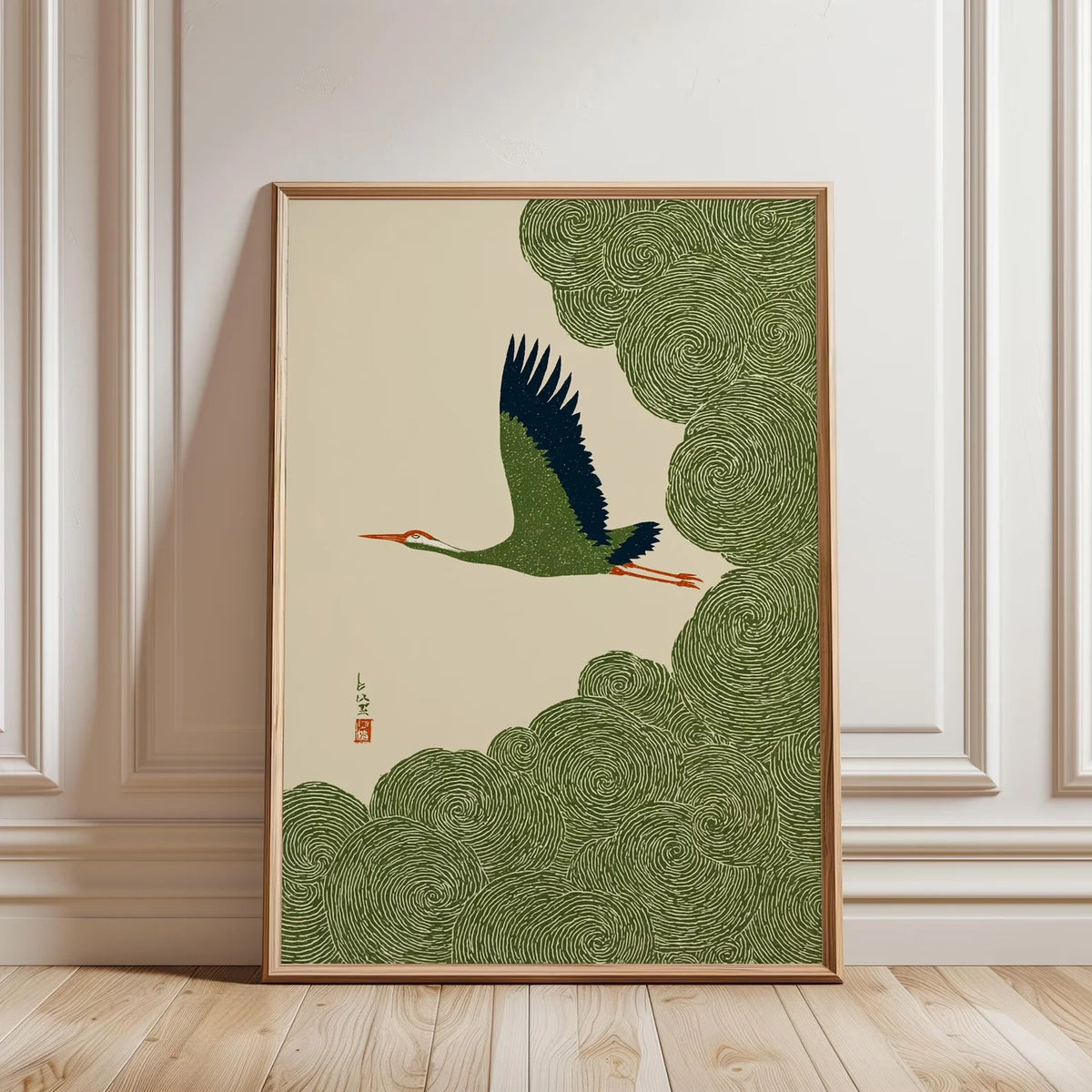 Japanese Crane & Cloud Canvas Wall Art – Vintage-Style Unframed Print
